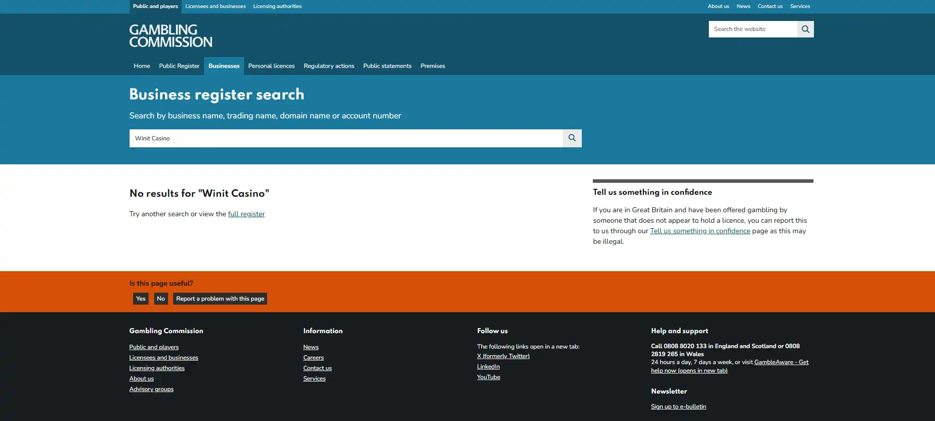 UK Gambling Commission public business register used to check licence status
